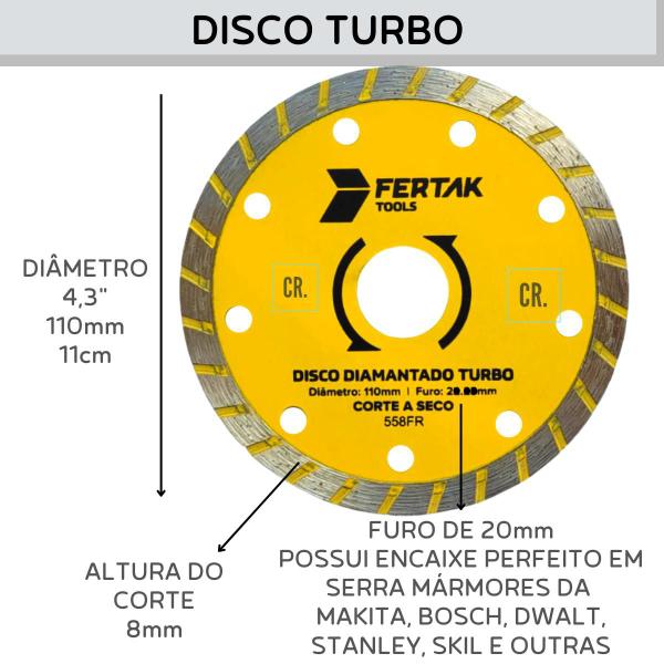 Imagem de Disco Diamantado Turbo 4'' Fertak Tools Disco de Corte Para Granito, Tijolo, Telha, Concreto, Alvenaria Para Serra Mármore Makita.