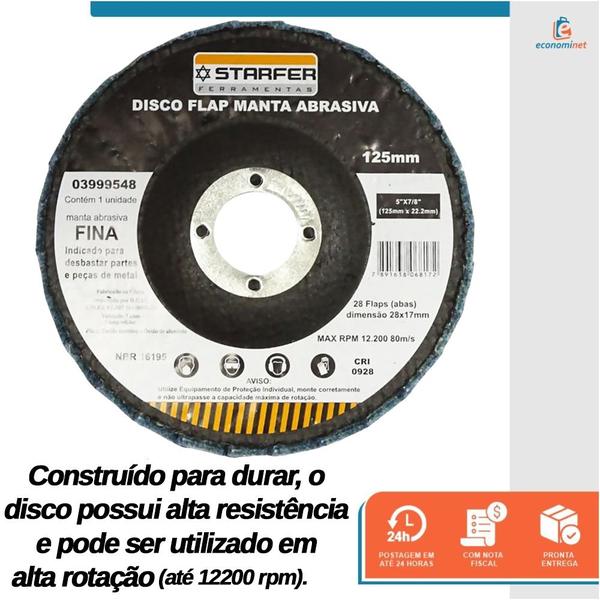 Imagem de Disco Flap com Manta 5" Fina Azul Ideal para Desbaste Lixar Polir Aço Aluminio Metais