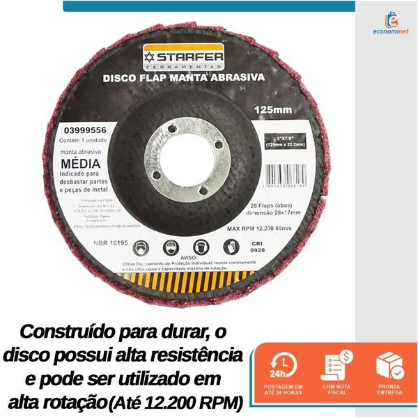 Imagem de Disco Flap com Manta 5" Media Vermelha Ideal para Desbaste Lixar Polir Aço Aluminio Metais