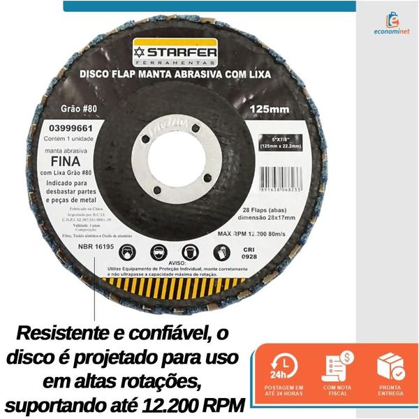 Imagem de Disco Flap com Manta e Lixa Grão 80 5" Fina Azul Ideal para Desbaste Lixar Polir Aço Aluminio Metais