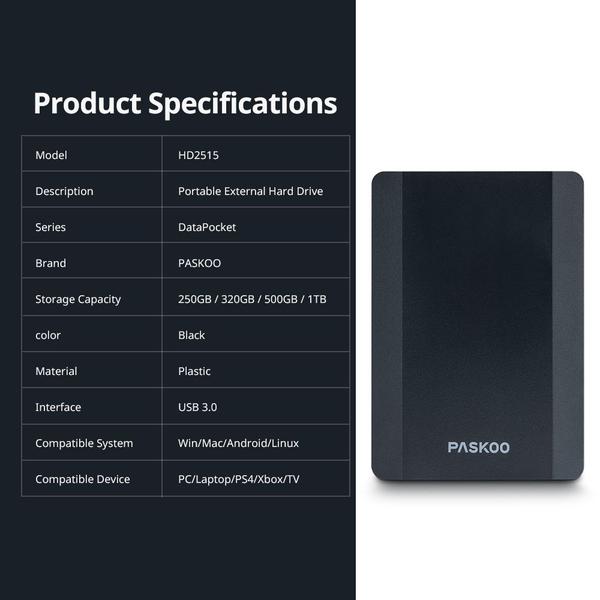 Imagem de Disco rígido externo portátil PASKOO 250GB USB 3.0