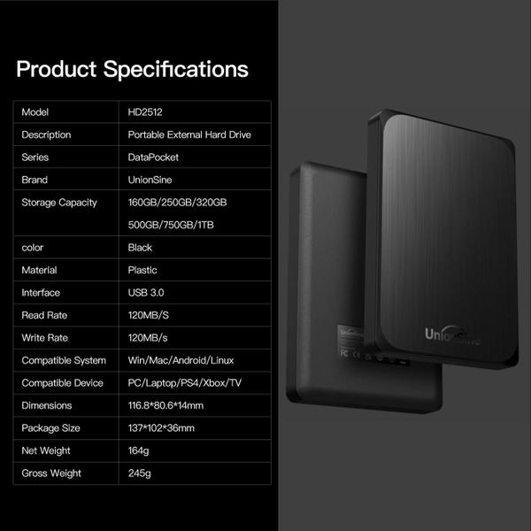 Imagem de Disco rígido externo portátil UnionSine 1TB USB 3.0