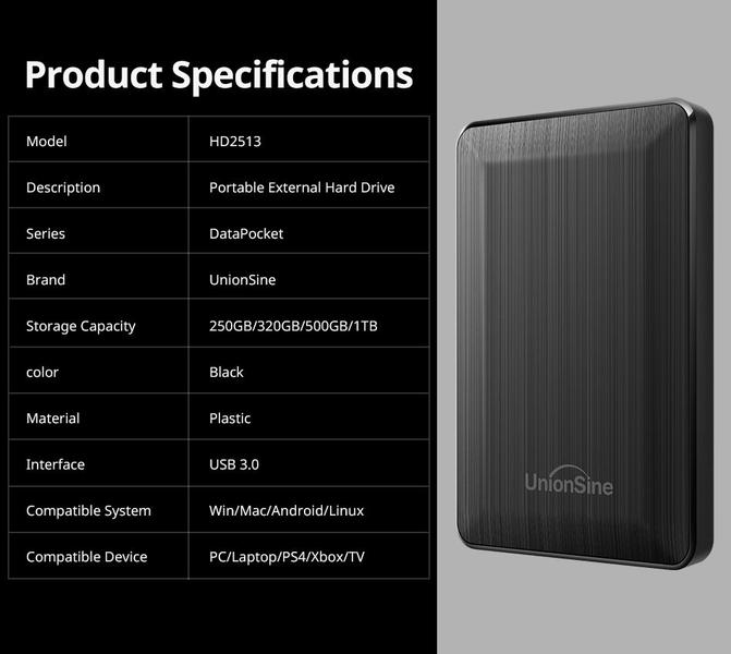 Imagem de Disco rígido externo portátil UnionSine HDD 1TB 2.5'