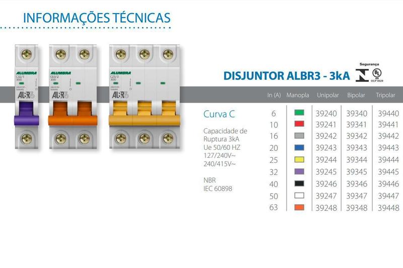 Disjuntor Bipolar 2P 63A Curva C Albr3 Alumbra Imagem de Disjuntor Bipolar 2P 63A Curva C Albr3 Alumbra