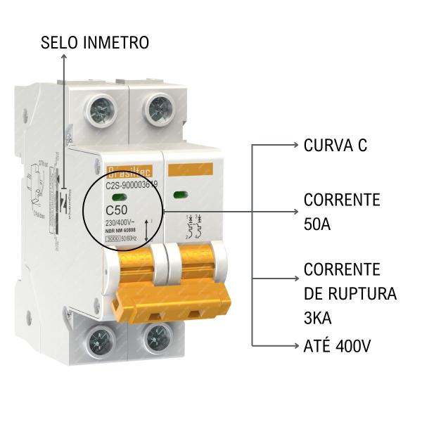 Imagem de Disjuntor Bipolar 50A Bifásico DIN Brasiltec DIN C2S 3KA Curva C 2 Pólos Termomagnético