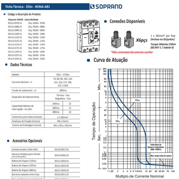 Imagem de Disjuntor Caixa Moldada Dsjn3 600Vca Com Borne Linha Nema 175A - Soprano