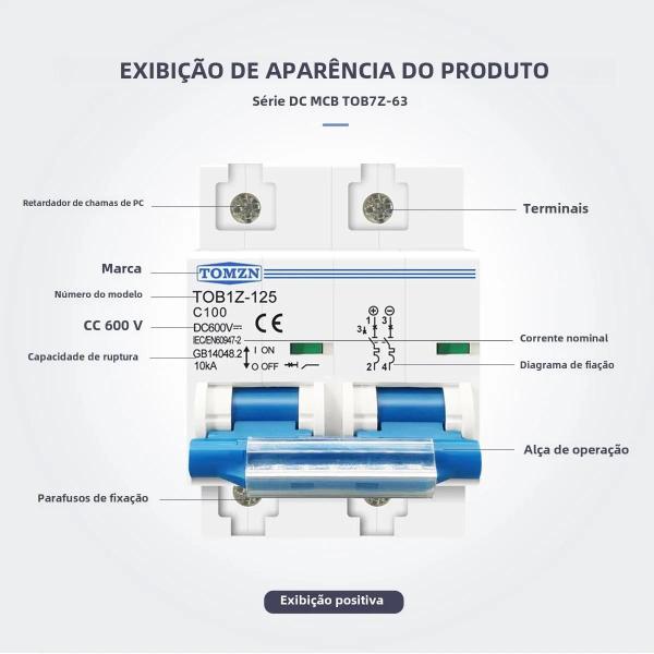 Imagem de Disjuntor DC 600V (125A, 100A, 80A) - MCB Curva C para Sistema Fotovoltaico e Bateria