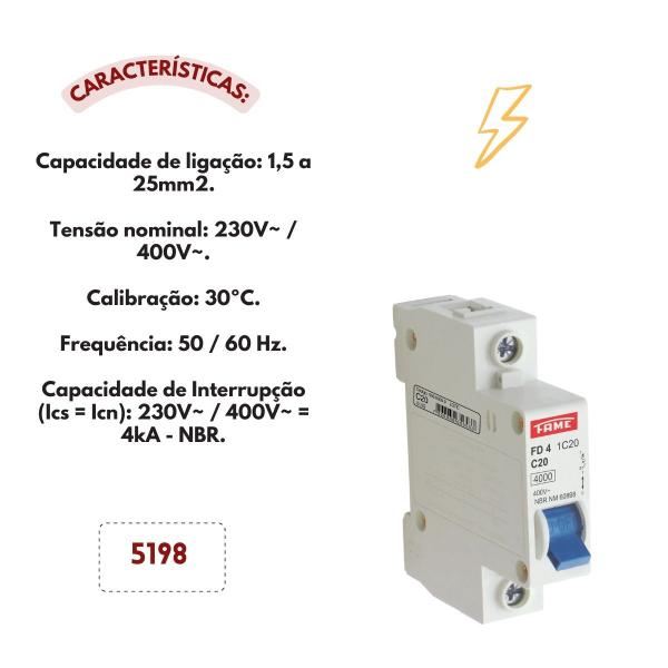 Imagem de Disjuntor Din FD - Monopolar 1P 20A - Condutor 2,5mm - Fame