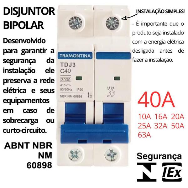 Imagem de Disjuntores Mini Din Bipolar Duplo Bifásico 2 Fases Curva C Inmetro De 10A Até 63 Amperes Tramontina