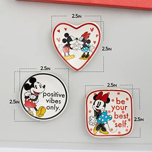 Imagem de Disney Mickey e Minnie Mouse Mini Trinket Dish Set - Mini Bandeja de Bugiganga cerâmica, Conjunto de Presentes de 3 Peças - Suporte de anel de prato de joias