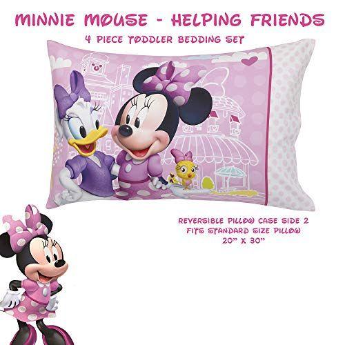 Imagem de Disney Minnie Mouse Helping Friends 4 Piece Toddler Bedding set - Lençol, fronha, lençol superior e colcha de edredom - Rosa