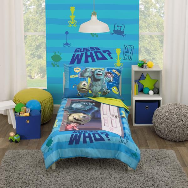 Imagem de Disney Monsters Inc. Guess Who Blue and Green Sully, Mike, and Boo 4 Piece Toddler Bed Set - Comforter, Fitted Bottom Sheet, Flat Top Sheet, and Reversible Pillowcase