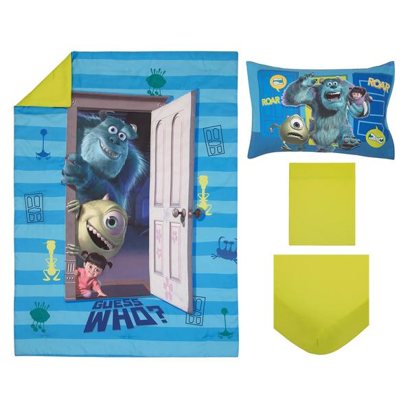 Imagem de Disney Monsters Inc. Guess Who Blue and Green Sully, Mike, and Boo 4 Piece Toddler Bed Set - Comforter, Fitted Bottom Sheet, Flat Top Sheet, and Reversible Pillowcase