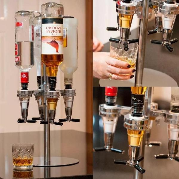 Imagem de Dispenser de bebidas giratorio porta 4 garrafas dosador suporte inox mesa dose shot gin whisky licor adega bar butler pi