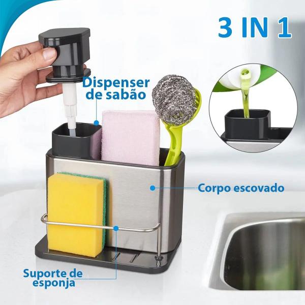 Imagem de Dispenser de Detergente 3 em 1 e Sabão com Estilo Moderno 3 em 1 e Praticidade para Organizar a Bancada