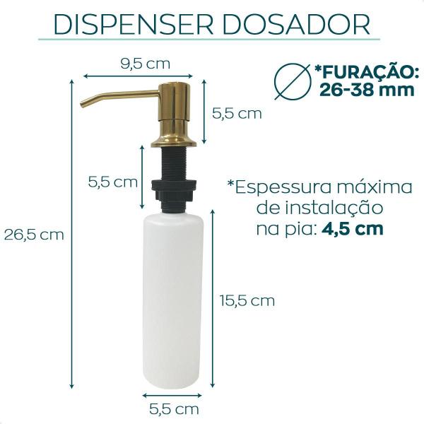 Imagem de Dispenser Detergente Dourado Brilhoso De Embutir 350ml Bancada Cozinha Porta Sabonete Líquido Dosador Aço Inox 304 Embutido Pia Cuba Gold