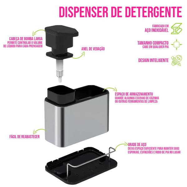 Imagem de Dispenser Detergente e Sabão Líquido Porta Esponja Pia Dosador Suporte Recipiente - Amana Store