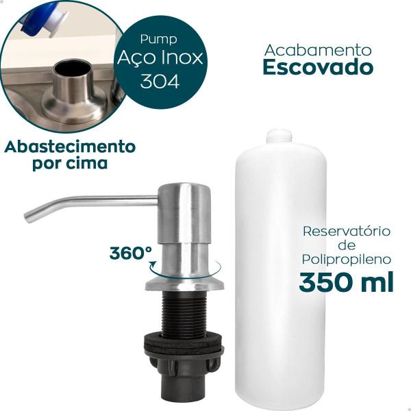 Imagem de Dispenser Dosador de Detergente Aço Inox Escovado 350ml Porta Detergente De Embutir Pia Cozinha Porta Sabonete Liquido Embutido Bancada Banheiro