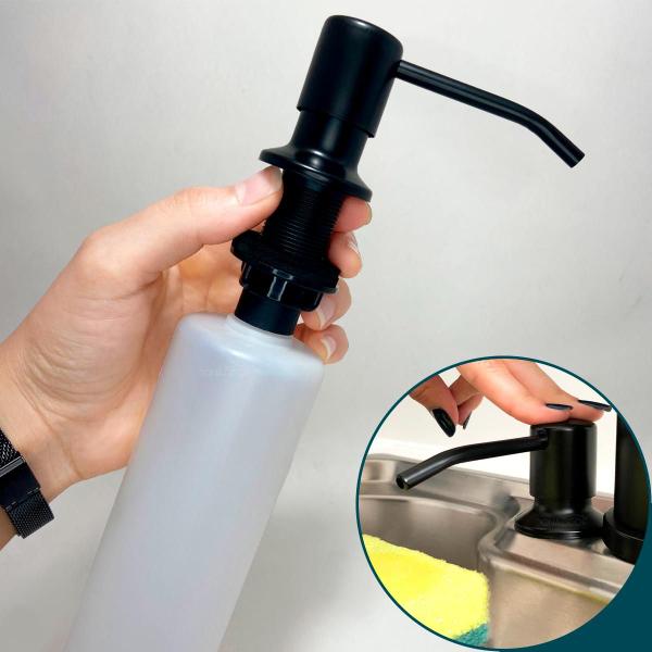 Imagem de Dispenser Dosador de Detergente Preto Fosco 350ml Porta Detergente De Embutir Pia Cozinha Aço Inox304 Porta Sabonete Liquido Embutido Bancada Banheiro