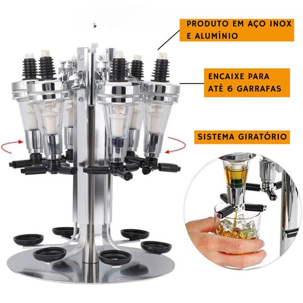 Imagem de Dispenser Dosador Para 6 Garrafas de Bebidas Inox com Suporte de Mesa Para Adega Shot 45 ML Yab