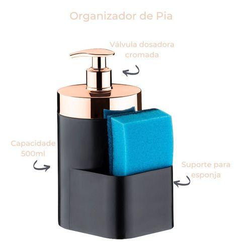 Imagem de Dispenser Para Detergente 500ml Pia Esponja Preto Rosê Gold