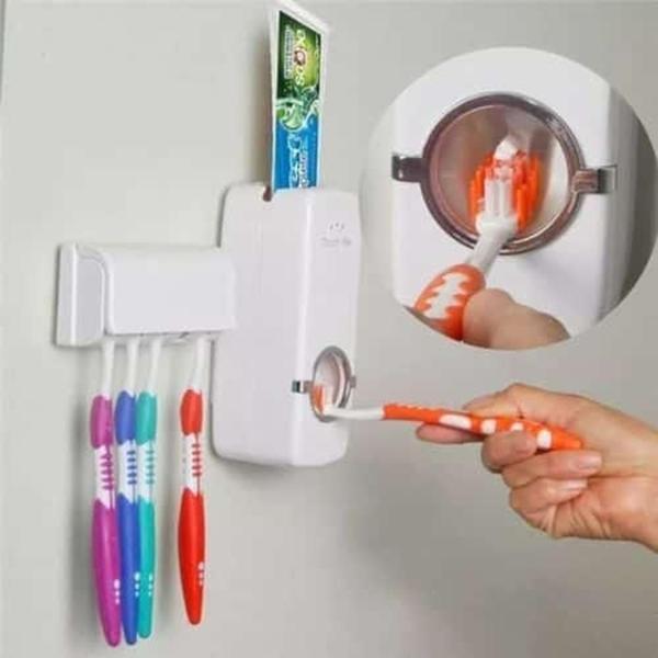 Imagem de Dispenser pasta dente com suporte 5 escovas automatico porta creme dental aplicador 2 em 1