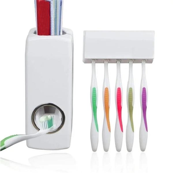 Imagem de Dispenser pasta dente com suporte 5 escovas automatico porta creme dental aplicador 2 em 1