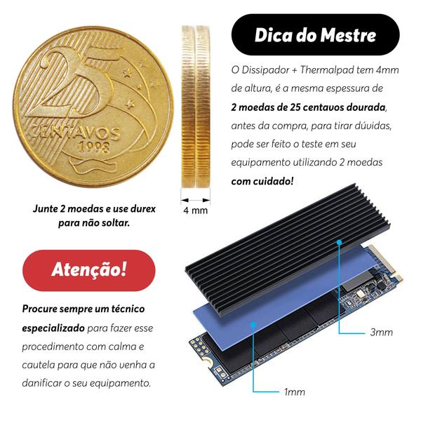 Imagem de Dissipador para ssd m2 nvme e ngff 2280 4mm em alumínio + thermal pad, alta eficiência e maior refrigeração