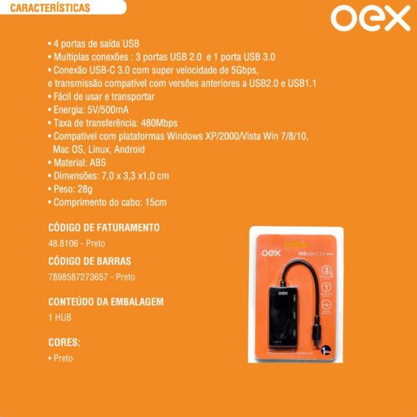 Imagem de Distribuidor Conexão HUB USB-C 3.0 4 Portas OEX HB103 Preto