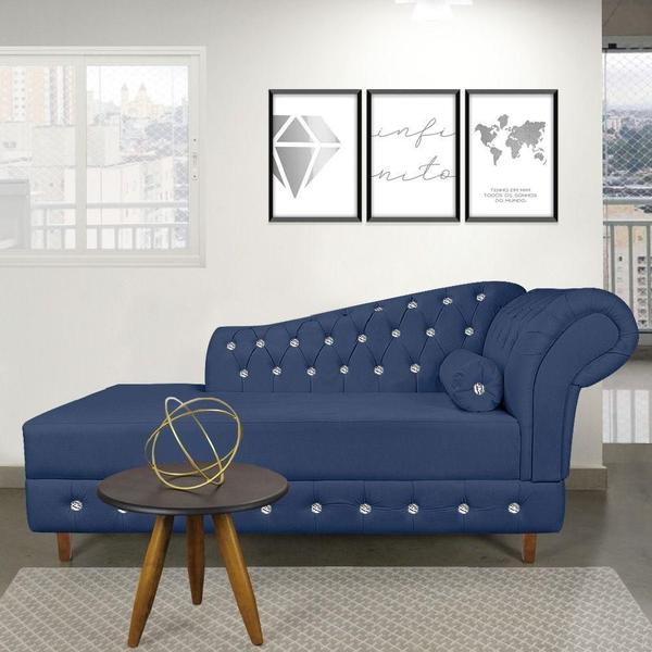 Imagem de Divã Chesterfield 165cm Capitonado Strass Suede Azul Marinho