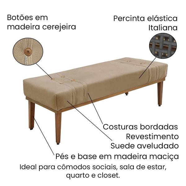 Imagem de Divã Recamier Banco Base Madeira para Quarto Gênova 140cm Suede Bege S04 - D'Rossi