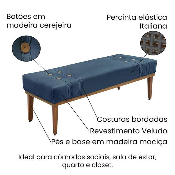 Imagem de Divã Recamier Banco Base Madeira Para Quarto Gênova 160cm Veludo Azul Marinho S04 - D'rossi