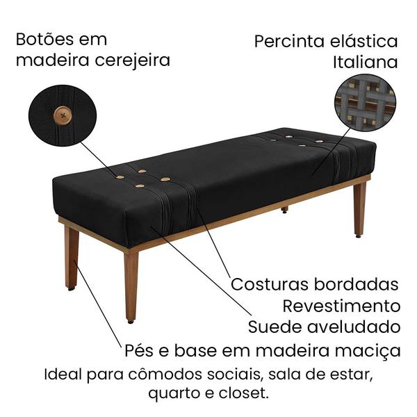 Imagem de Divã Recamier Banco Base Madeira para Quarto Gênova 90cm Suede Preto S04 - D'Rossi