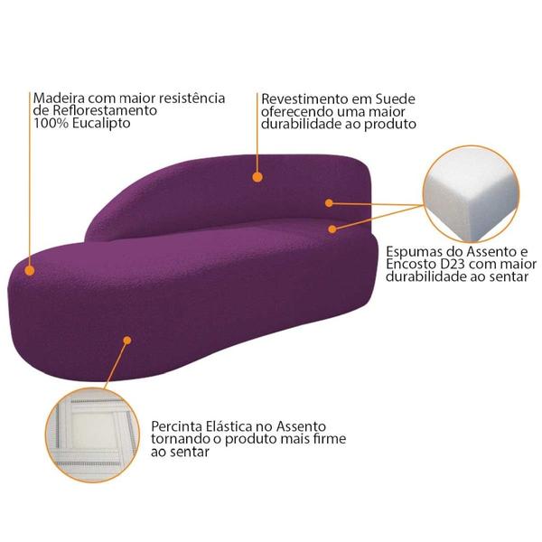 Imagem de Divã Recamier Curvo Luna 185cm Lado Esquerdo Suede Roxo