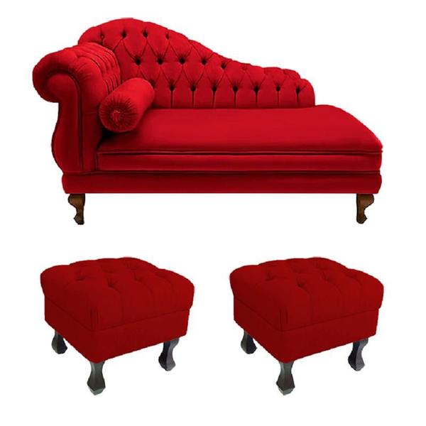 Imagem de Divã Recamier Namoradeira Larissa Direito Quem Senta 150cm e 2 Puffs Retrô Suede Vermelho - DL DECOR