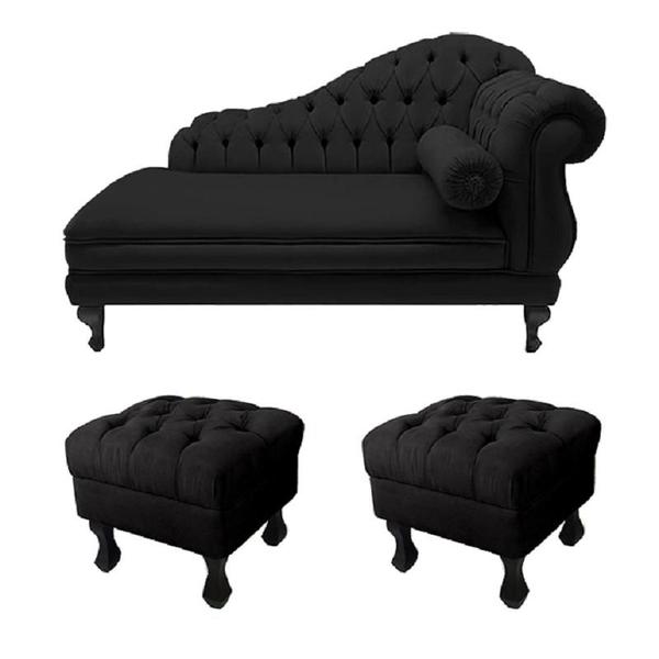 Imagem de Divã Recamier Namoradeira Larissa Esquerdo Quem Senta 150cm e 2 Puffs Retrô Suede Preto - DL DECOR