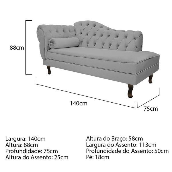 Imagem de Divã Recamier Sofá Juliana 140cm Lado Direito Sintético Cinza Sala de Estar Recepção Quarto Escritório Capitonê Luis XV - AM Decor