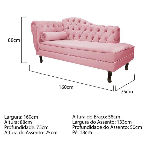 Imagem de Divã Recamier Sofá Juliana 160cm Lado Direito Suede Rosa Bebê Sala de Estar Recepção Quarto Escritório Capitonê Luis XV - AM Decor