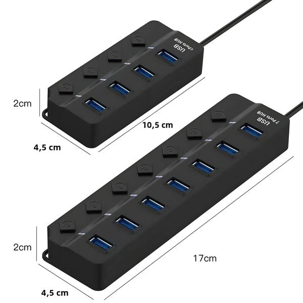 Imagem de Divisor de Hub USB 7/4 Portas com Interruptor Individual - Adaptador USB 2.0 Alimentado