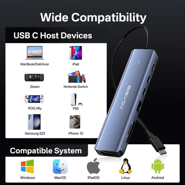 Imagem de Divisor de hub USB C ACASIS 7 em 1 com 4K @60HZ HDMI 100W PD