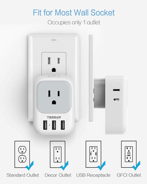 Imagem de Divisor de saída Extensor de tomada elétrica TESSAN 4 com 3 USB