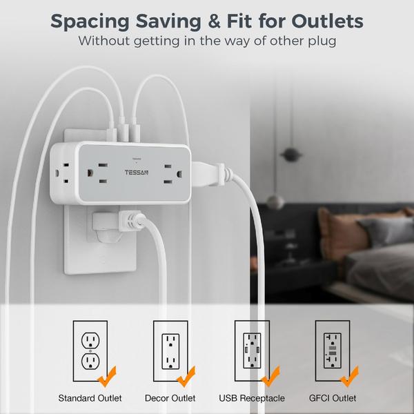 Imagem de Divisor de saída multiplugue Extensor de tomada de parede TESSAN 4 com USB