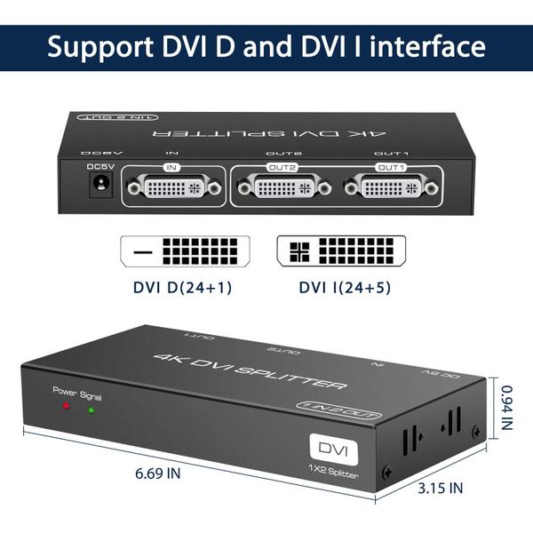 Imagem de Divisor DVI DONGJIAN 1 em 2 saídas e 2 portas DVI, monitores duplos 4K