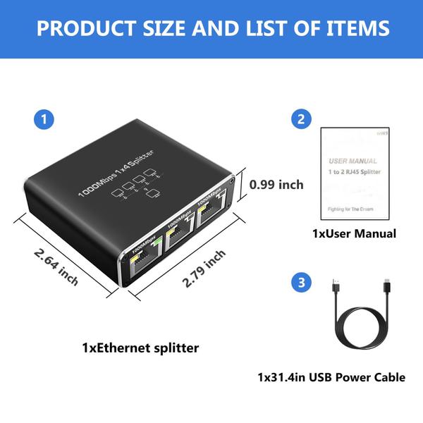 Imagem de Divisor Ethernet Pushua Gigabit de 1 a 4 1000 Mbps com alimentação USB