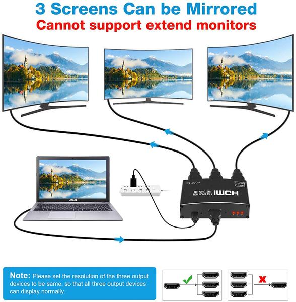 Imagem de Divisor HDMI 4K 1 Entrada 3 Saídas, Suporte 4Kx2K, 1080P, 3D, HDR, DTS/Dolby-TrueHD, cabo HDMI incluído.