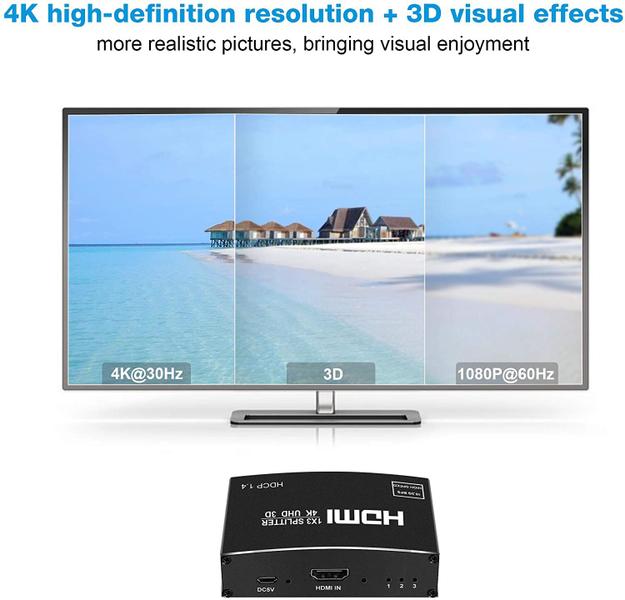 Imagem de Divisor HDMI 4K 1 Entrada 3 Saídas, Suporte 4Kx2K, 1080P, 3D, HDR, DTS/Dolby-TrueHD, cabo HDMI incluído.