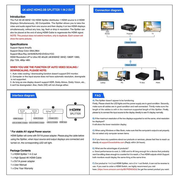 Imagem de Divisor HDMI com links de áudio 1x2 4K @60Hz Divisor HDMI 2.0b