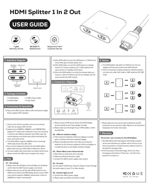 Imagem de Divisor HDMI ZACCAS 1x2 4K Full HD 1080P com cabo HDMI de 3,3 pés