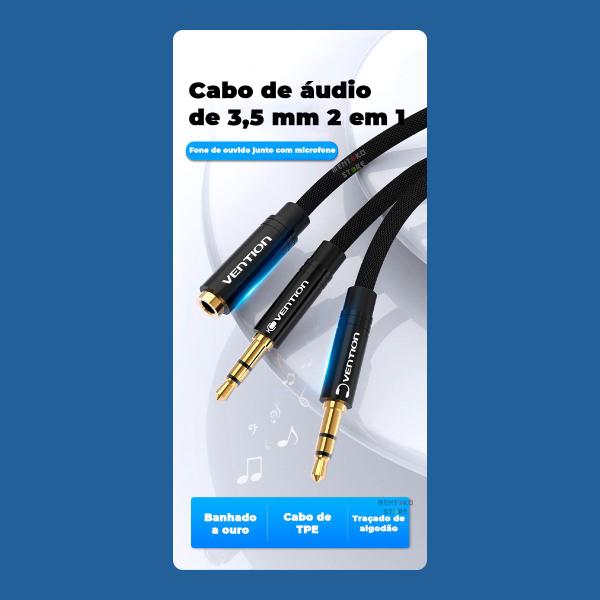 Imagem de Divisor Splitter Y P3 P2 Adaptador Fone Microfone 1m Vention