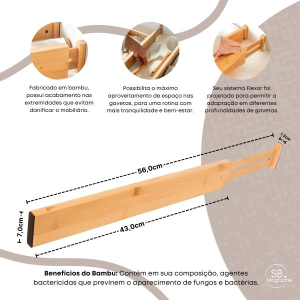 Imagem de Divisória De Gavetas Ajustável Multiuso Cozinha Armário Guarda Roupas Keep Ou - Bambu 